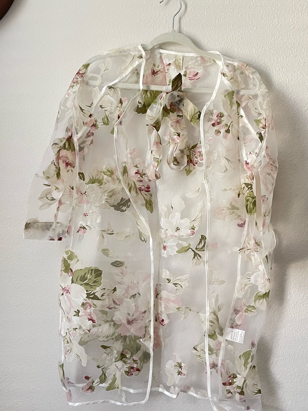 Size S Sheer Floral Kimono Cover-Up in White with Pink & Green Flowers